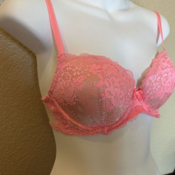 Victorias Secret Dream Angels Lined Demi Buste Double Bra 32d Bright Pink Lace - Picture 2 of 6